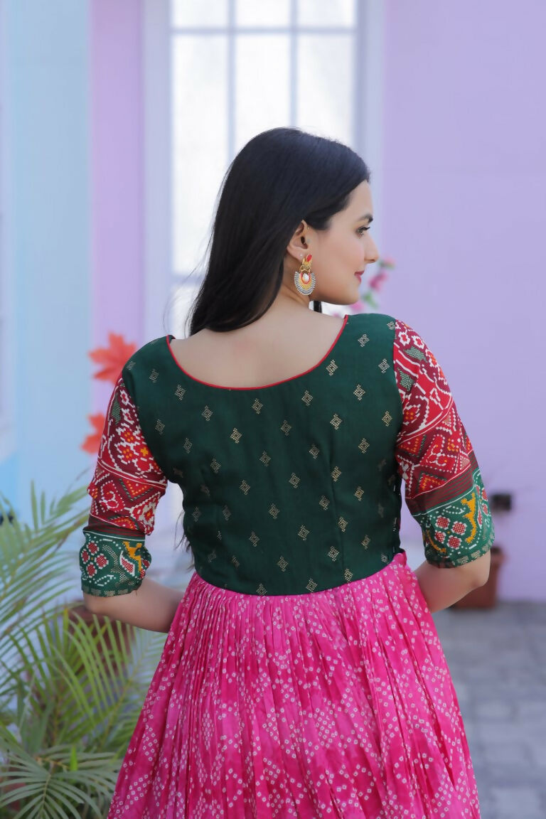 Jyoti Fashion Women's Pink Patola with Foil Print Dola Silk Anarkali Dress | Grocsy