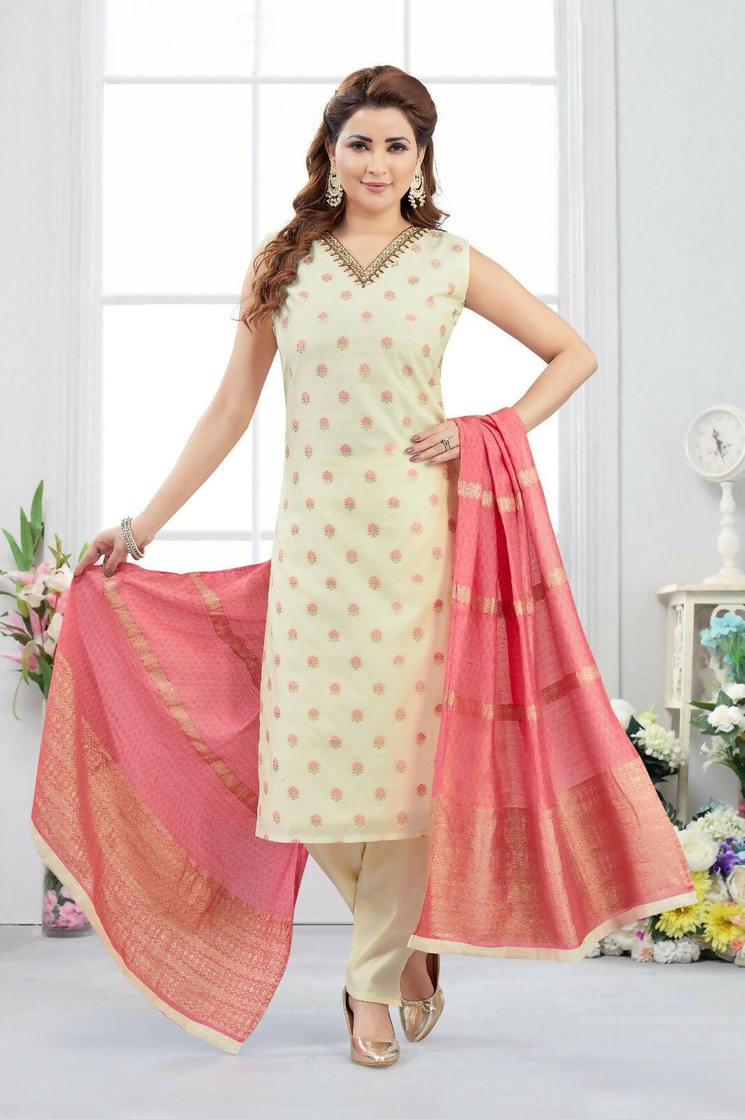 Joban Fashion Jacquard Cream Color Kurta Set | Grocsy