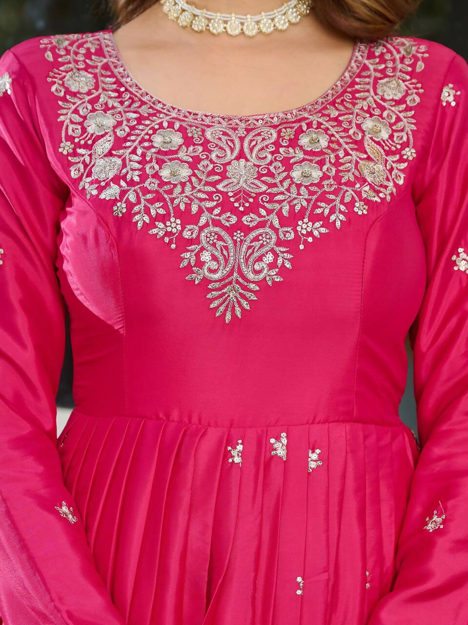 The52 Women's Beautiful American Silk Fabric Embroidery Work Flared Anarkali Pant and Dupatta Set | Grocsy