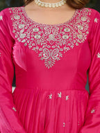 The52 Women's Beautiful American Silk Fabric Embroidery Work Flared Anarkali Pant and Dupatta Set | Grocsy