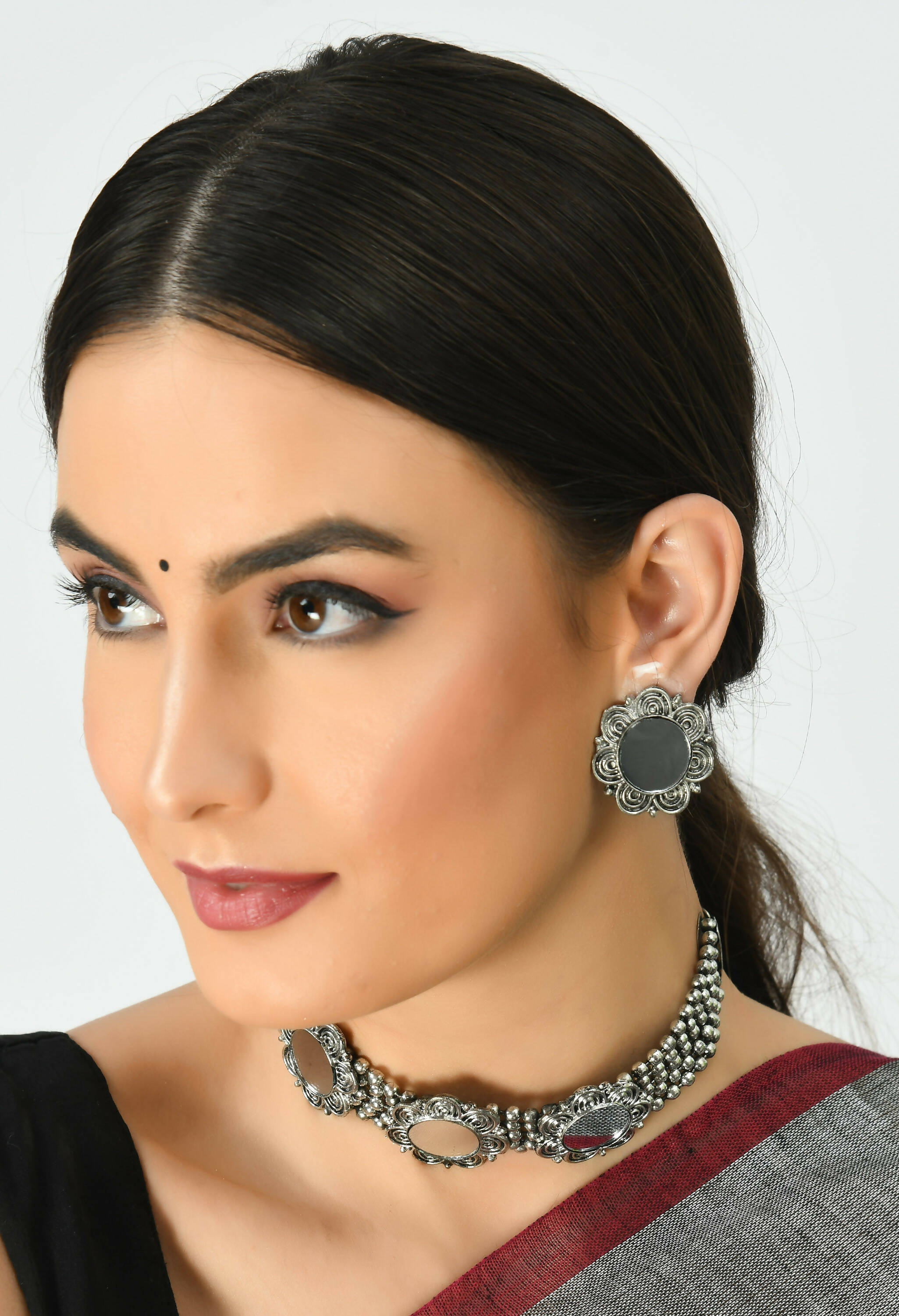Mominos Fashion Johar Kamal Oxidised Silver-Plated Mirror Design Necklace Choker Set For Women | Grocsy