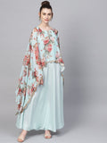 Ahalyaa Aqua Blue Poly Silk Kurta With Attached Printed Dupatta | Grocsy