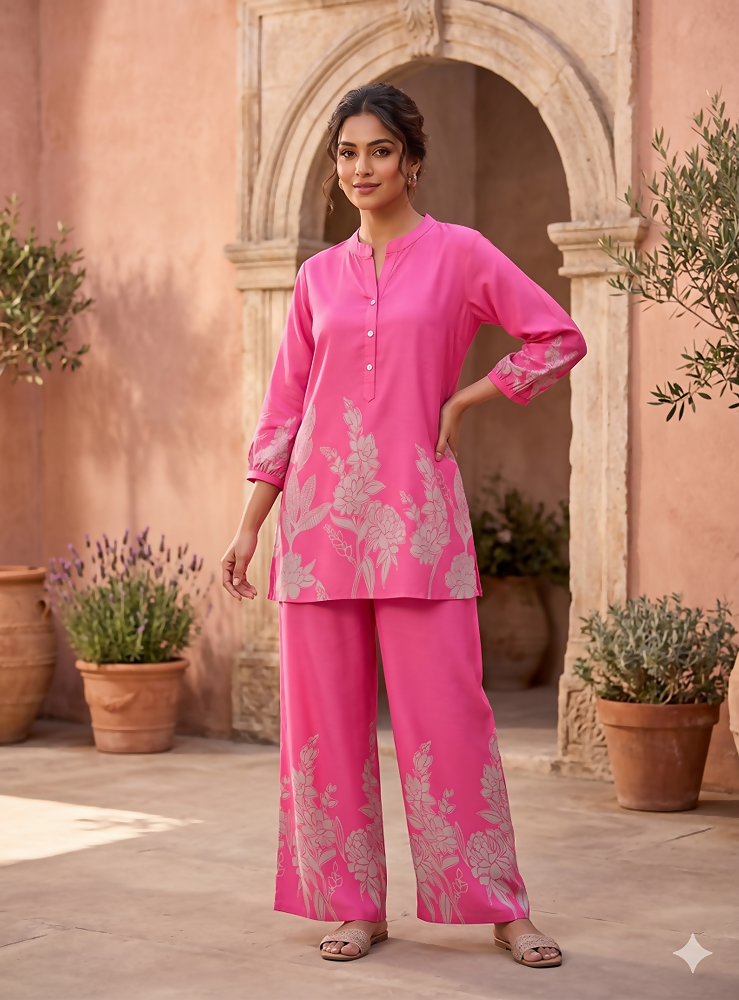 Teeya Creation Stylish Pink Casual Co-ord Set with Floral Print | Grocsy