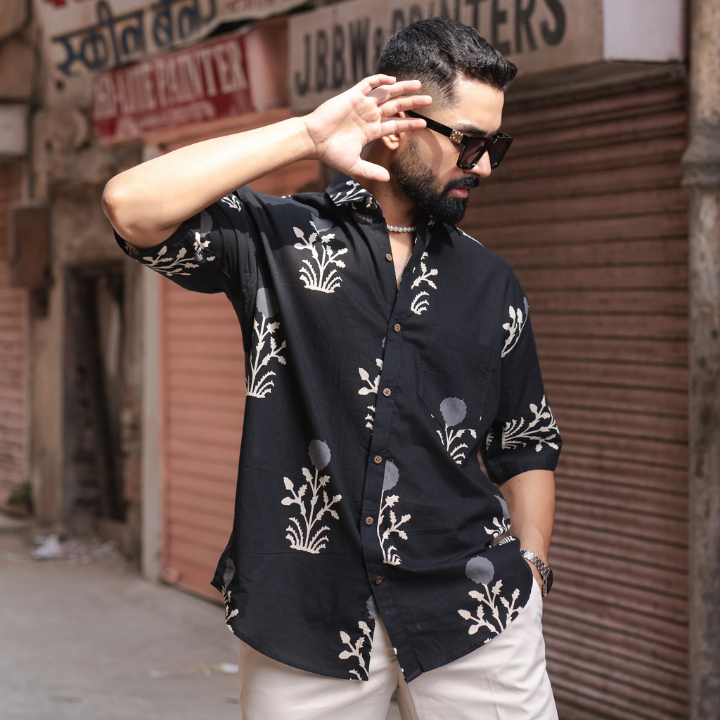 Miravan Men's Black Floral Printed Half Sleeve Slim Fit shirt | Grocsy