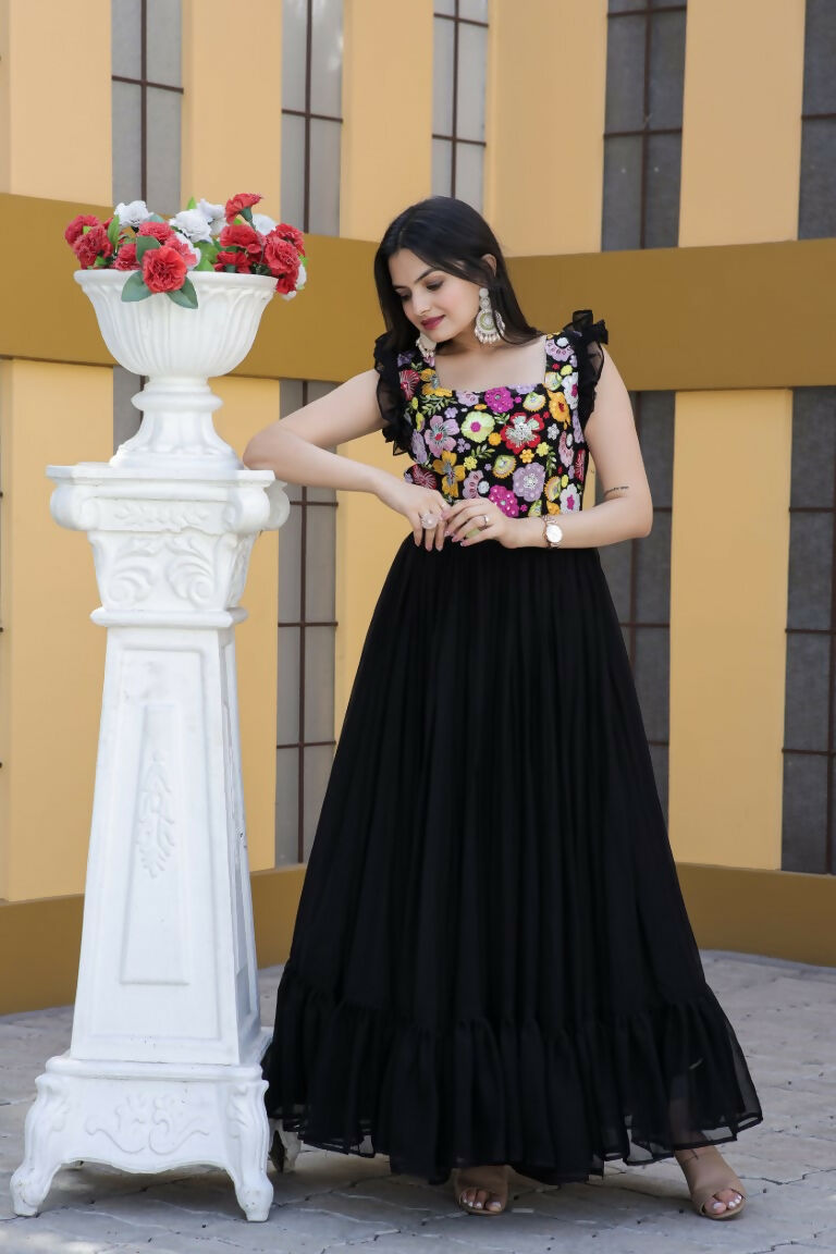 Jyoti Fashion Women's Black Sequins Thread Embroidery Faux Blooming Anarkali Dress | Grocsy