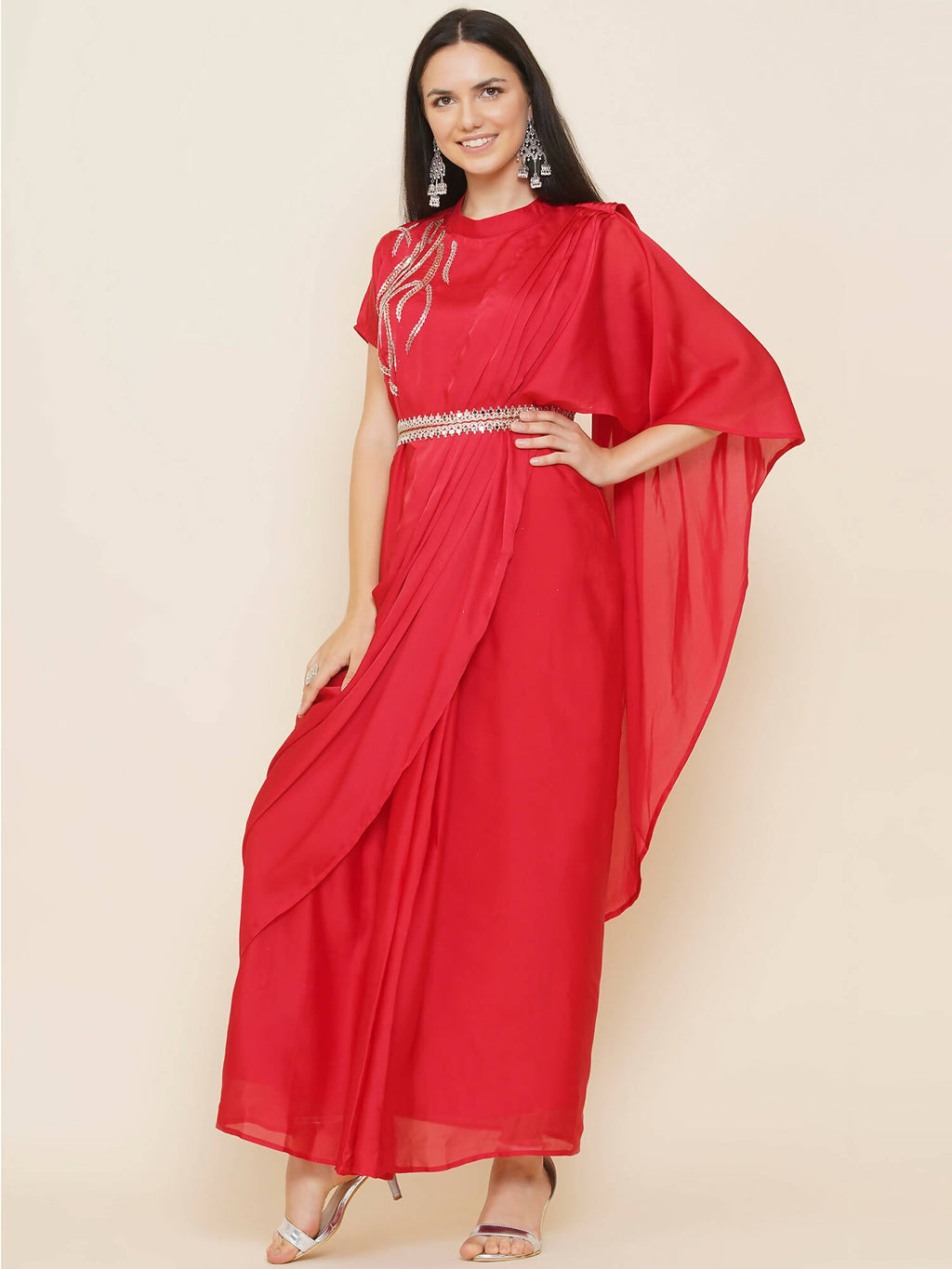 Women Republic Red Hand Embelleshed Gown With Drape | Grocsy
