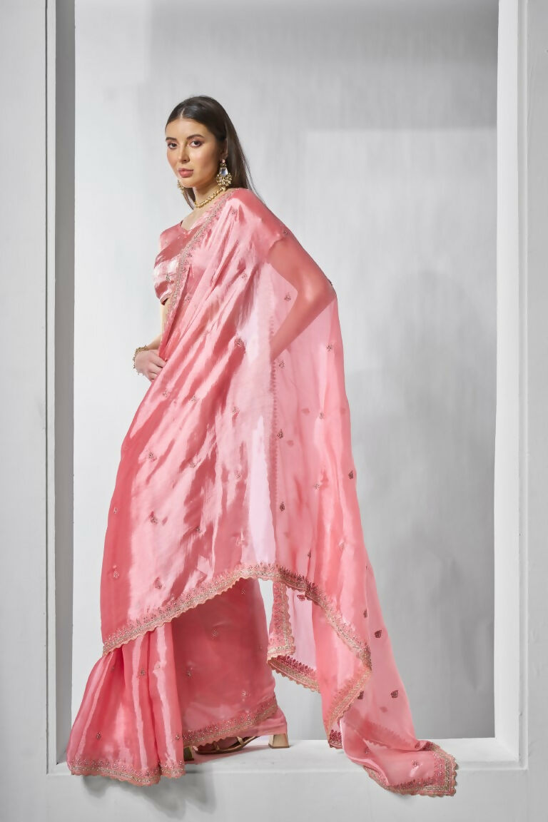 Coral Burburry silk Designer Embroidery Work Saree - Shezlin | Grocsy