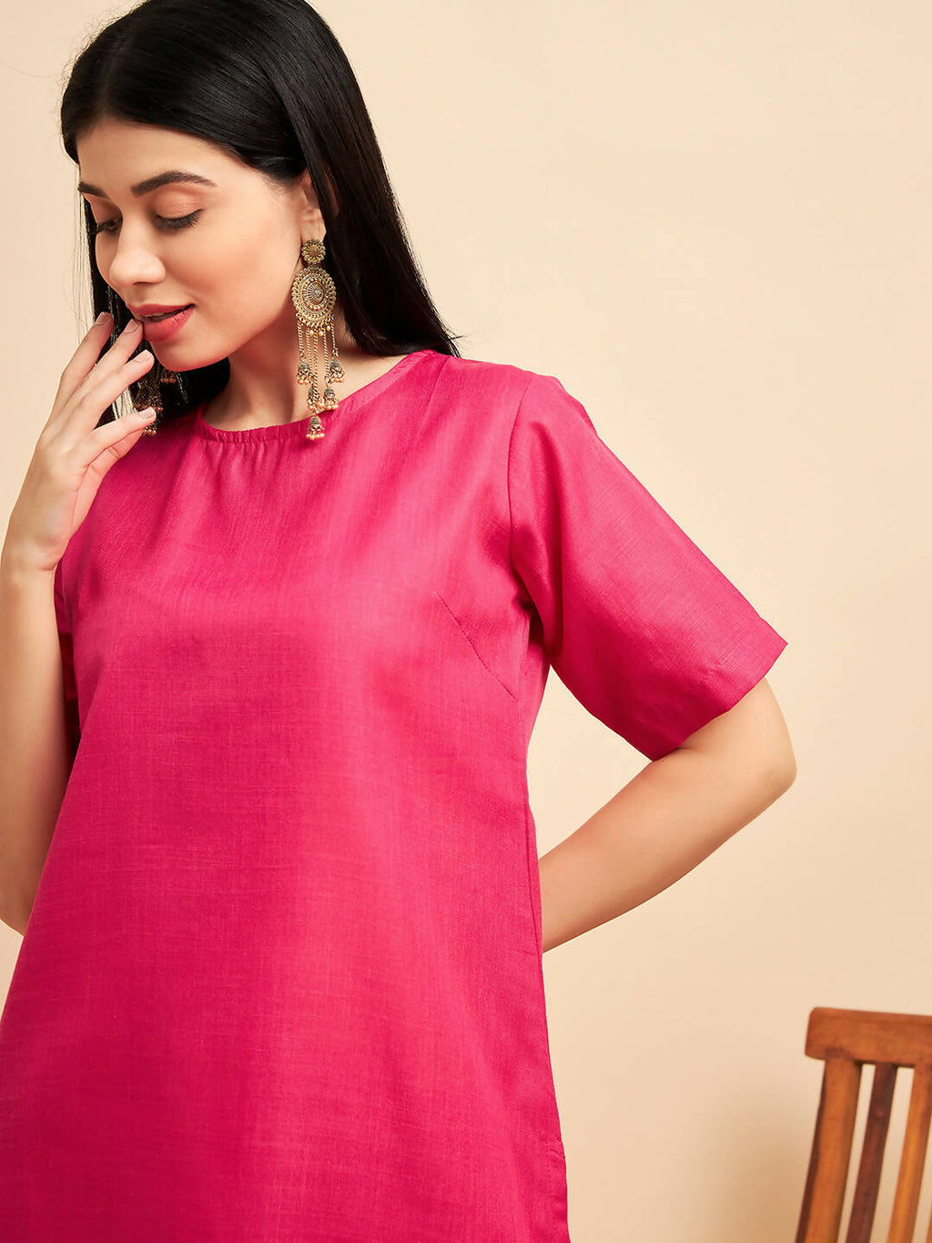 Pink Polyester solid Kurta with Palazzos - Vishwa | Grocsy