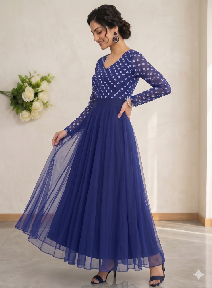 Teeya Creation Women's Royal Blue Bandhani Print Anarkali Gown | Grocsy