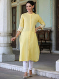 Juniper Women's Yellow Cotton Slub Embroidered Straight Kurta | Grocsy