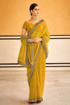 PR Fashion Yellow Georgette Embroidery Lace Saree | Grocsy