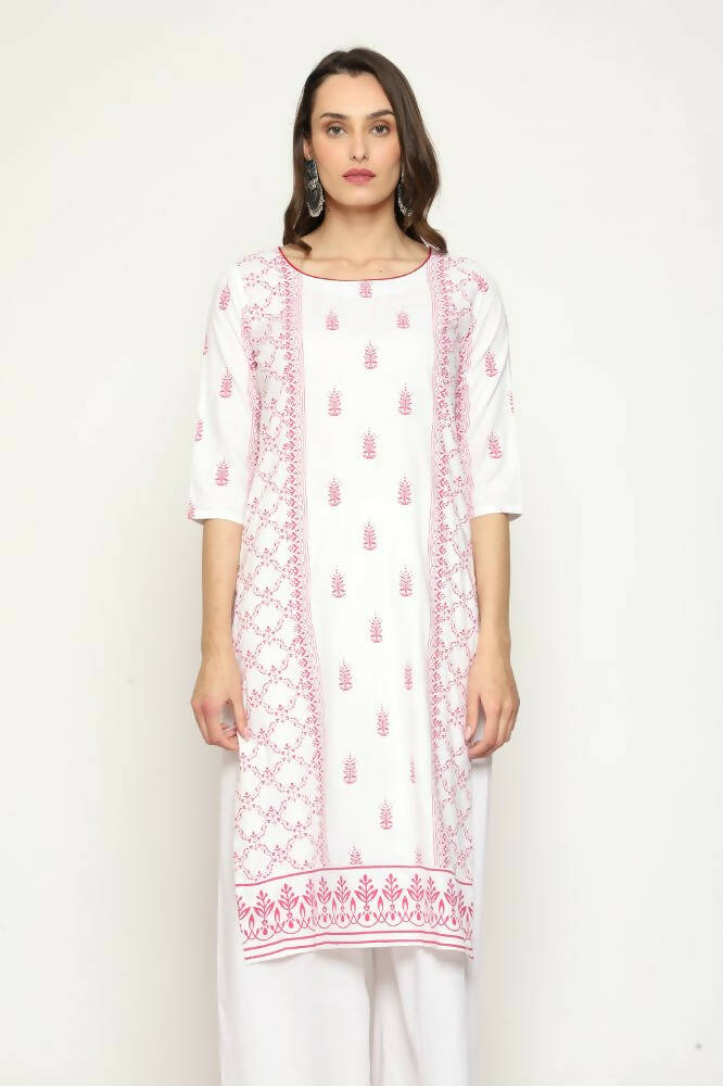 Maai Rayon Hand Printed Kurta Off-White | Grocsy