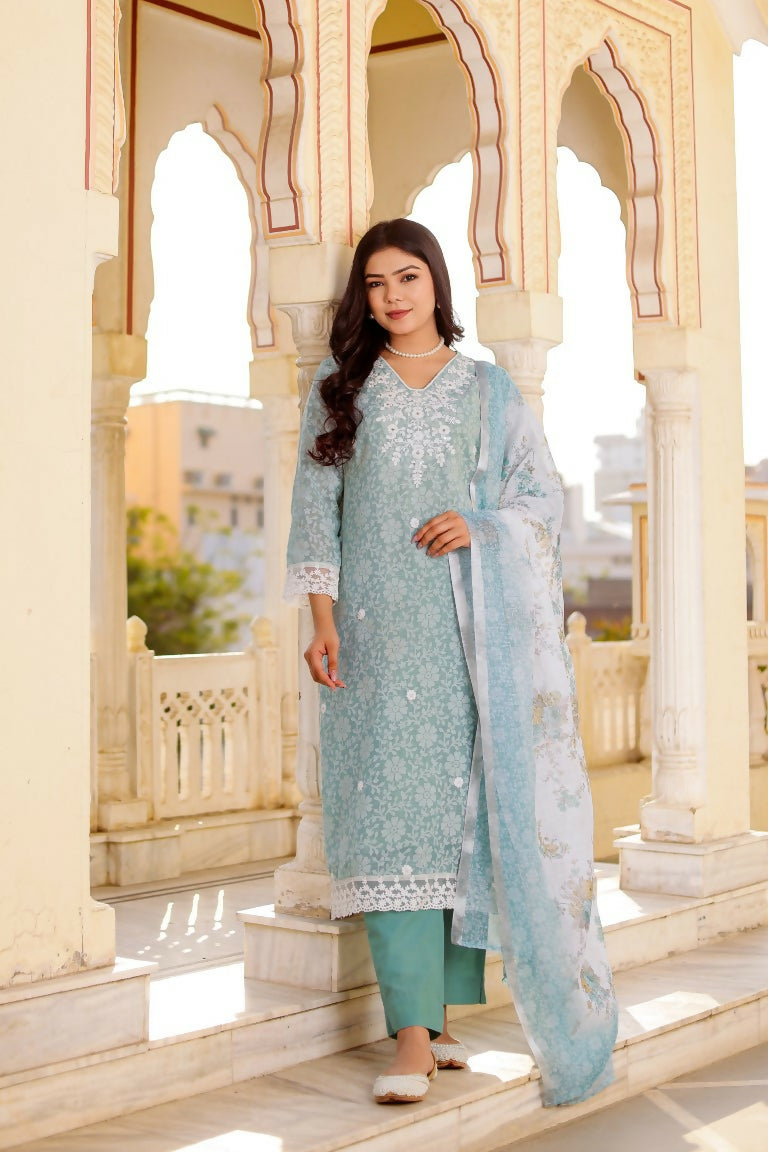 Vaasva Women Sky Blue Linen Floral Printed Kurta, Pant & Dupatta set | Grocsy