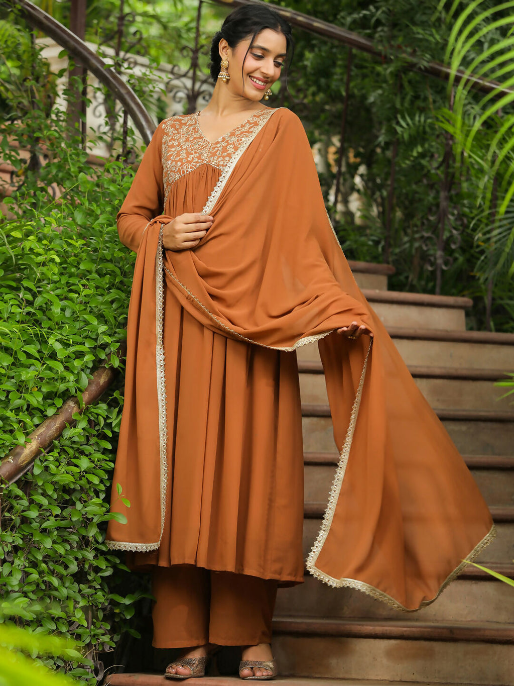 Janasya Brown Georgette Yoke Embroidery Kurta,Bottom & Dupatta | Grocsy