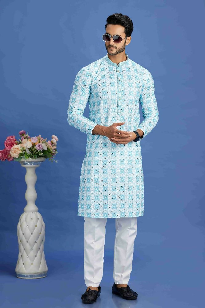 Raivat Ethnic Cotton Embroidery Kurta Pajama In Sky Blue Colour | Grocsy