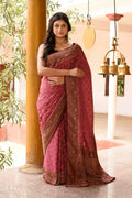 Joban Fashion Dark Pink Crepe Chiffon Pure Handloom Banarasi Silk Saree | Grocsy