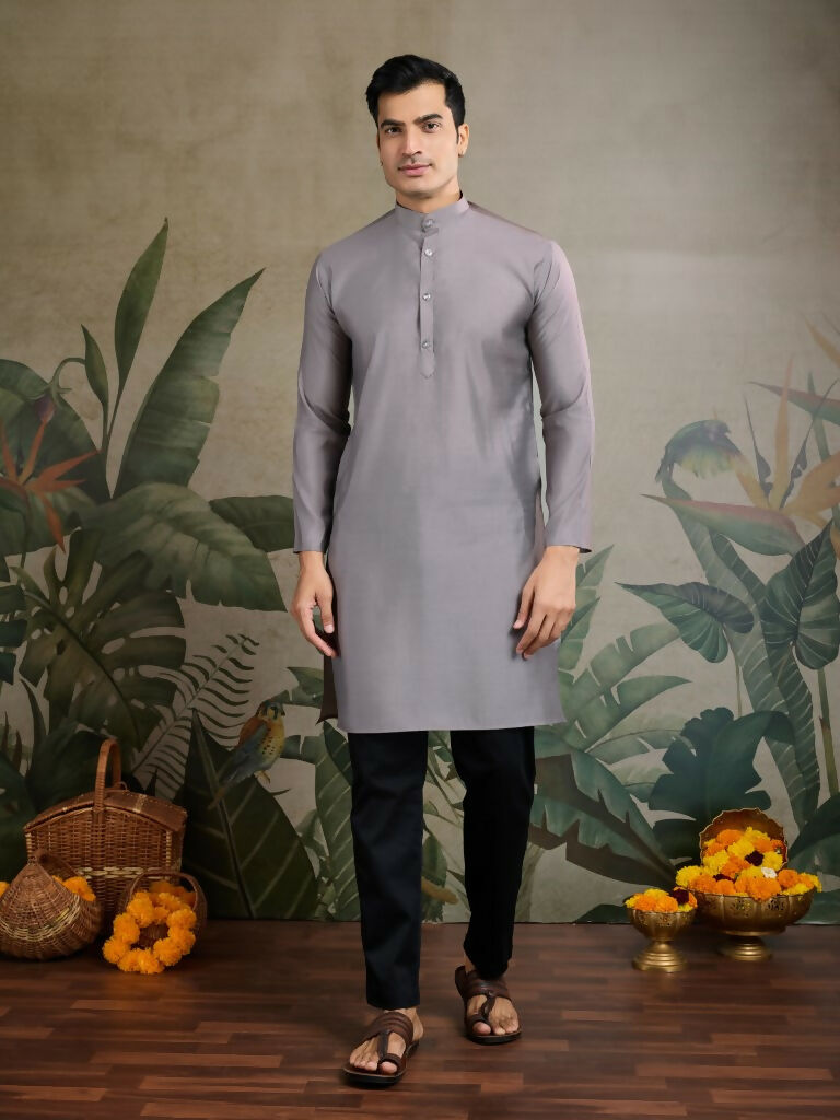 Vastranavya Grey Exclusive Festival Viscose Silk Thread & Swarovski Embroidered Work Mens Wear Kurta & Koti | Grocsy