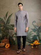 Vastranavya Grey Exclusive Festival Viscose Silk Thread & Swarovski Embroidered Work Mens Wear Kurta & Koti | Grocsy