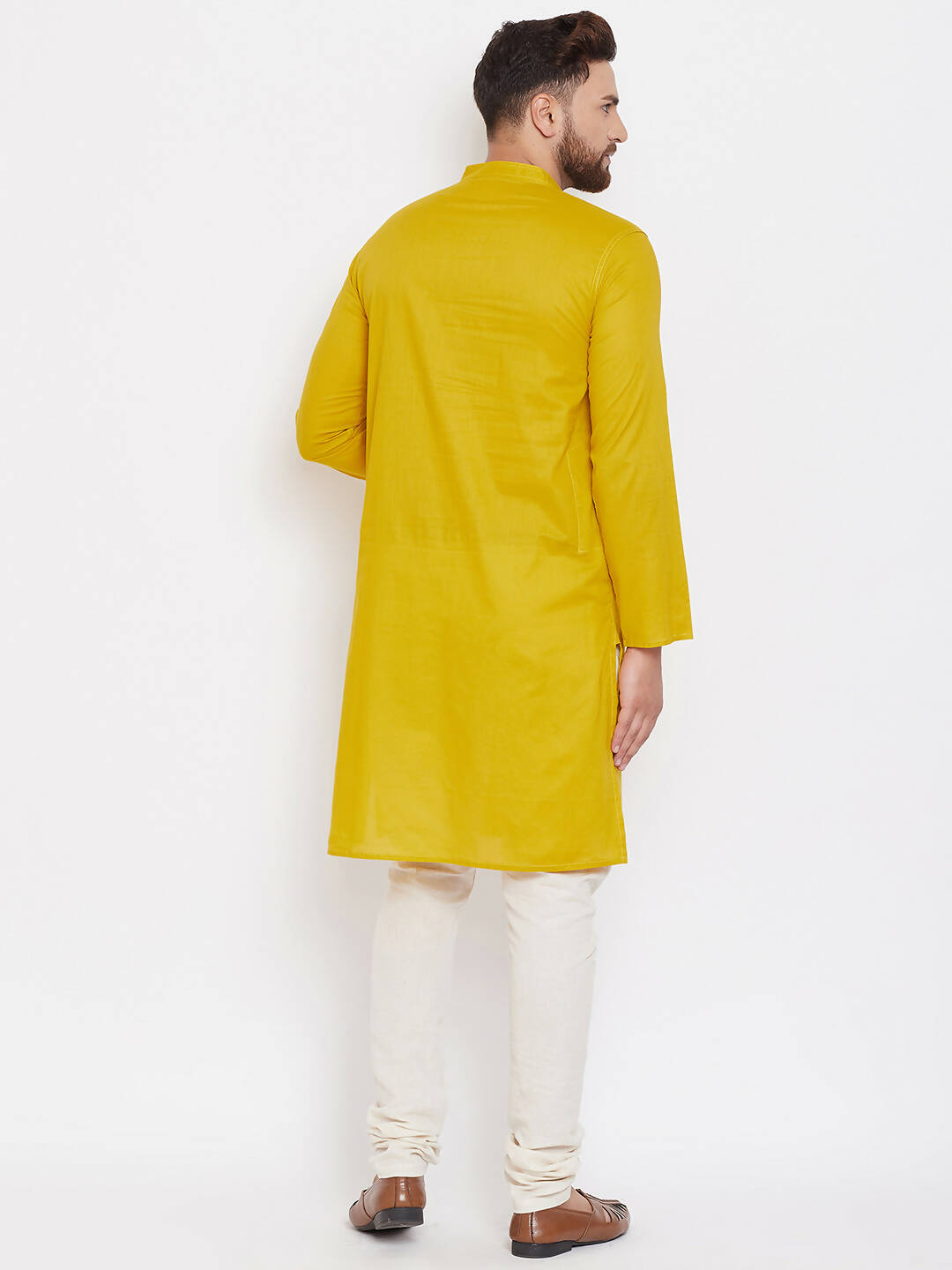 Even Apparels Pure Cotton Yellow Men's Kurta With Band Collar | Grocsy