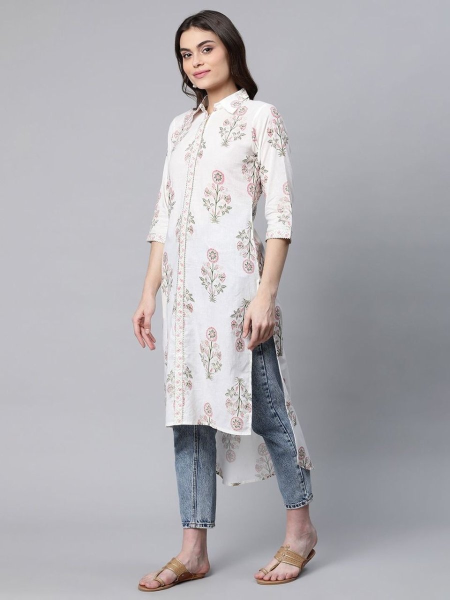 Ahalyaa Women's Off White Pure Cotton Floral Printed Kurta | Grocsy