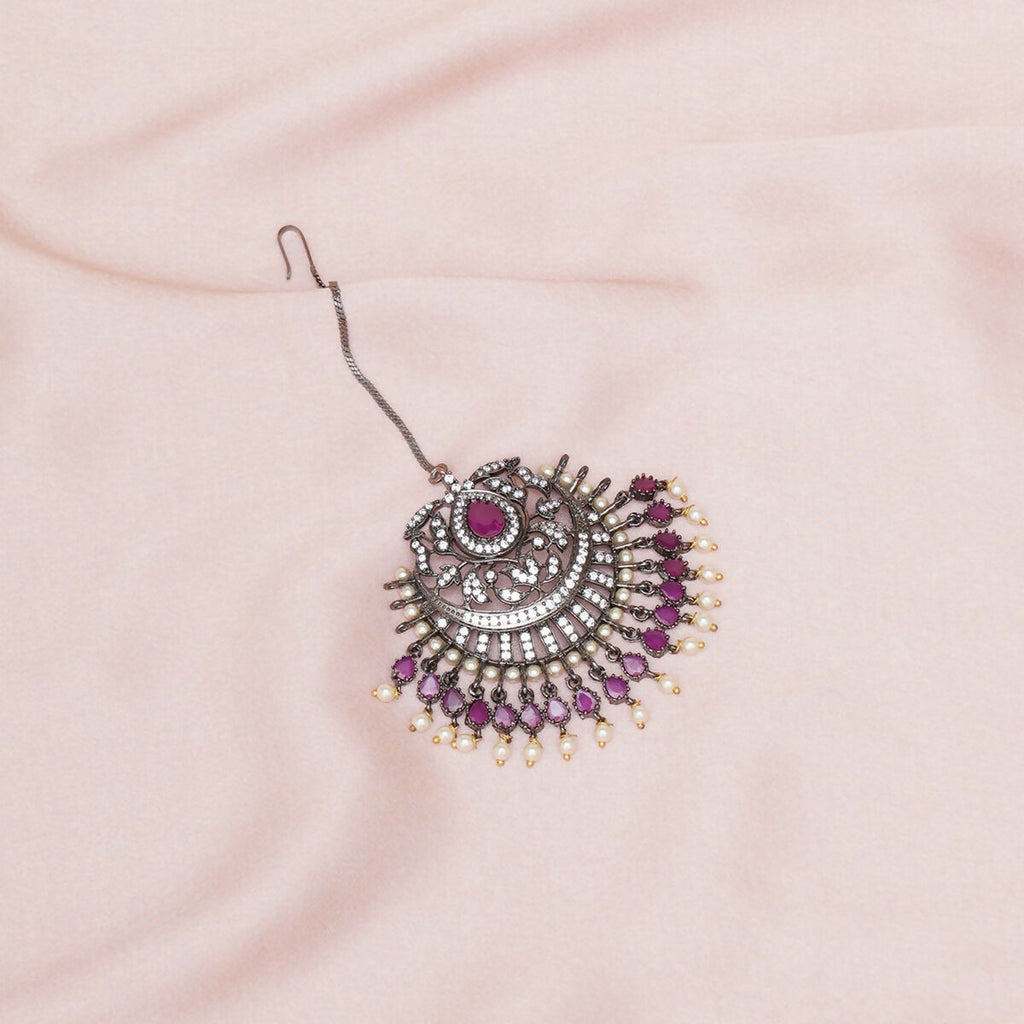 Oversized Diamond & Maroon Stone Maang Tikka- Ruby Raang | Grocsy