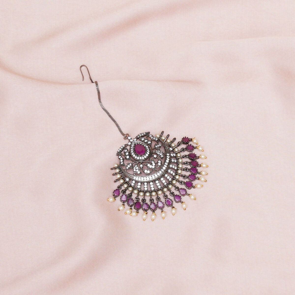 Oversized Diamond & Maroon Stone Maang Tikka- Ruby Raang | Grocsy