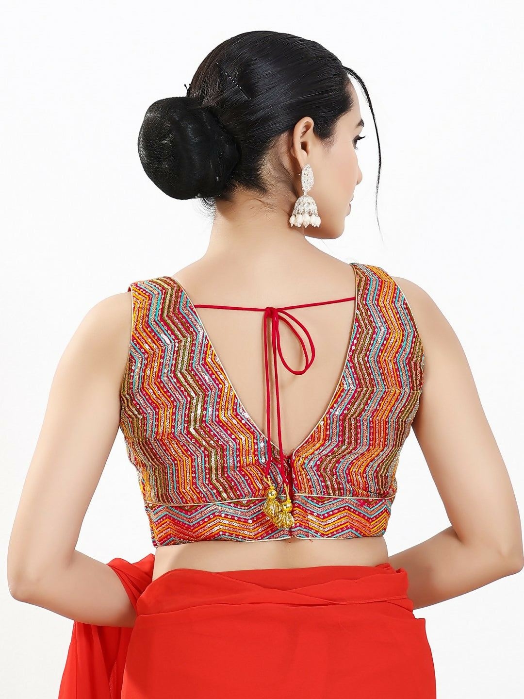 Joban Fashion Red Multi Silk Padded Blouse With V Neck Sleeveless | Grocsy