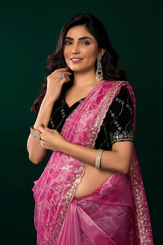 Joban Fashion Pink Net Party Wear Sarees | Grocsy