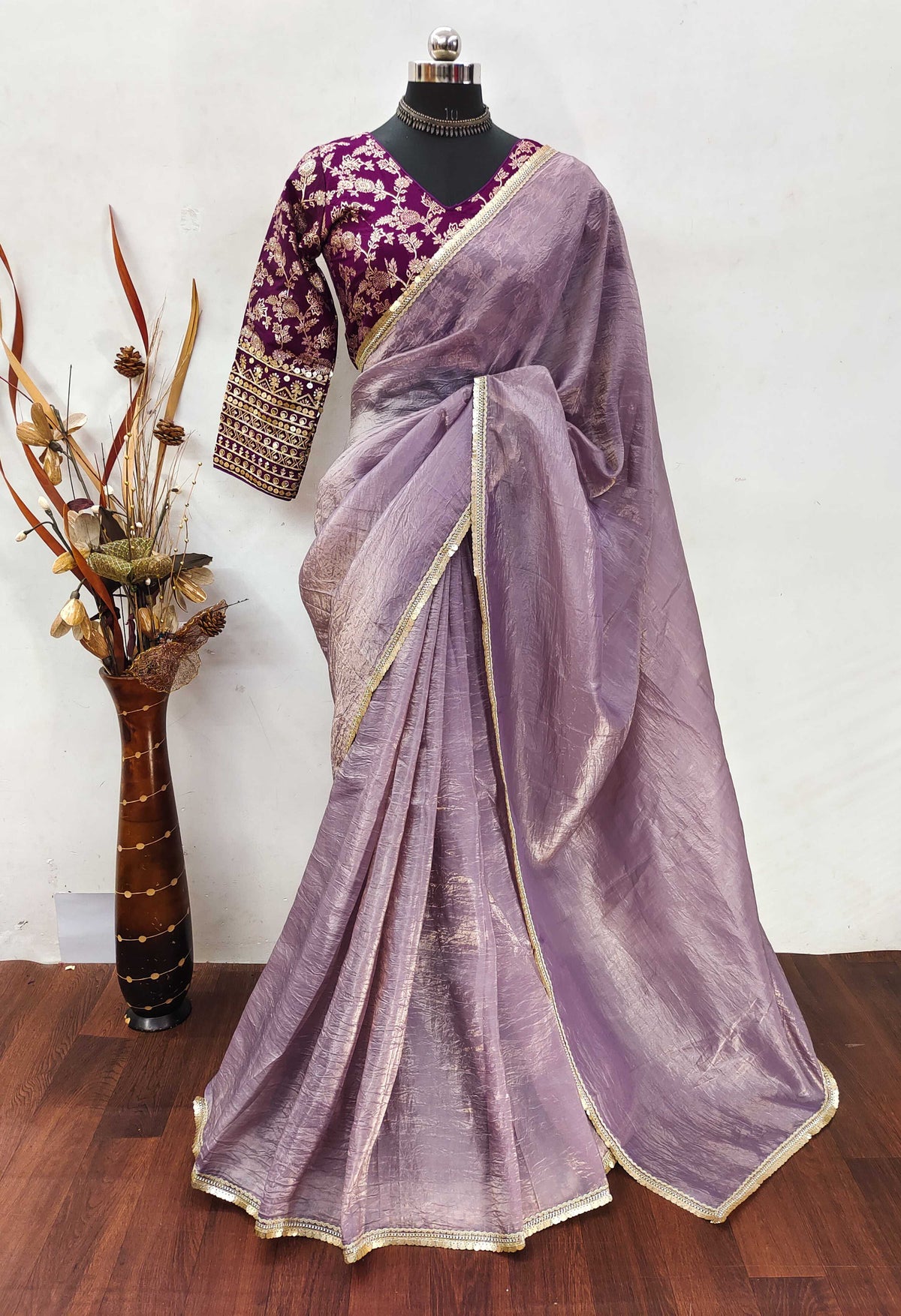 Teeya Creation Onion Color Gold Crush Tissue Saree With Lace Border | Grocsy