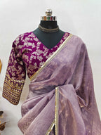 Teeya Creation Onion Color Gold Crush Tissue Saree With Lace Border | Grocsy