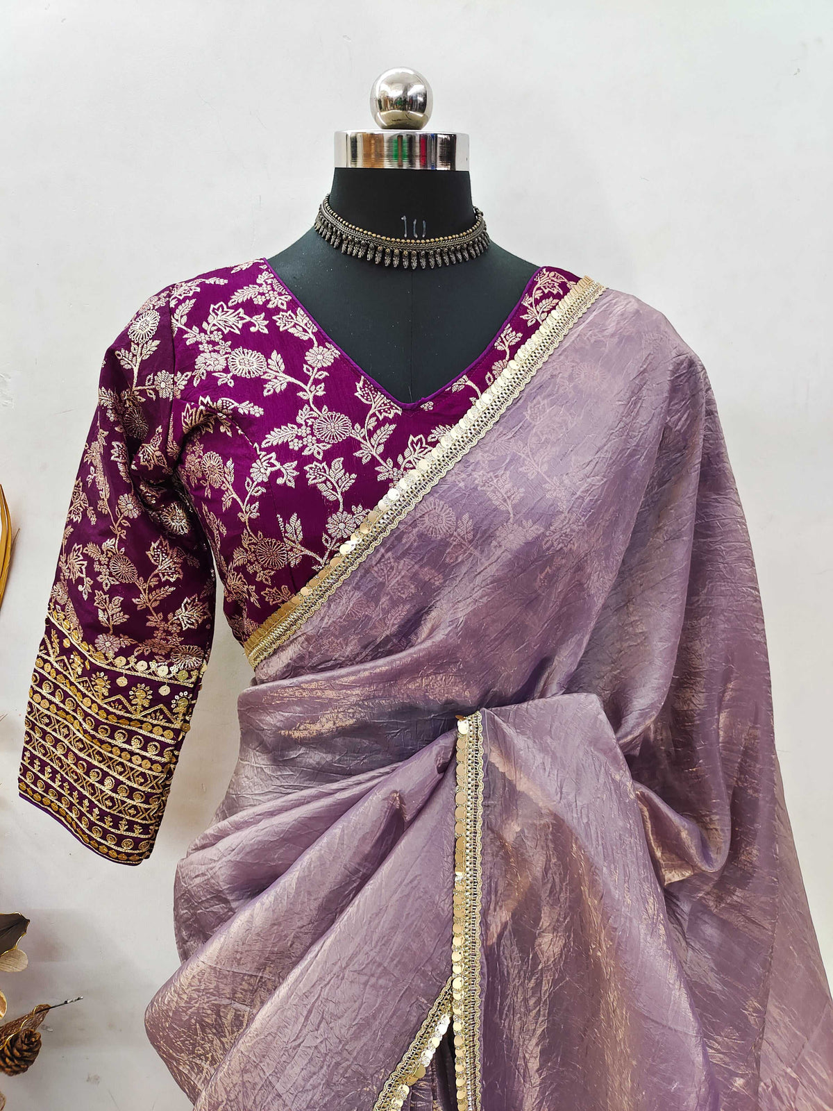 Teeya Creation Onion Color Gold Crush Tissue Saree With Lace Border | Grocsy