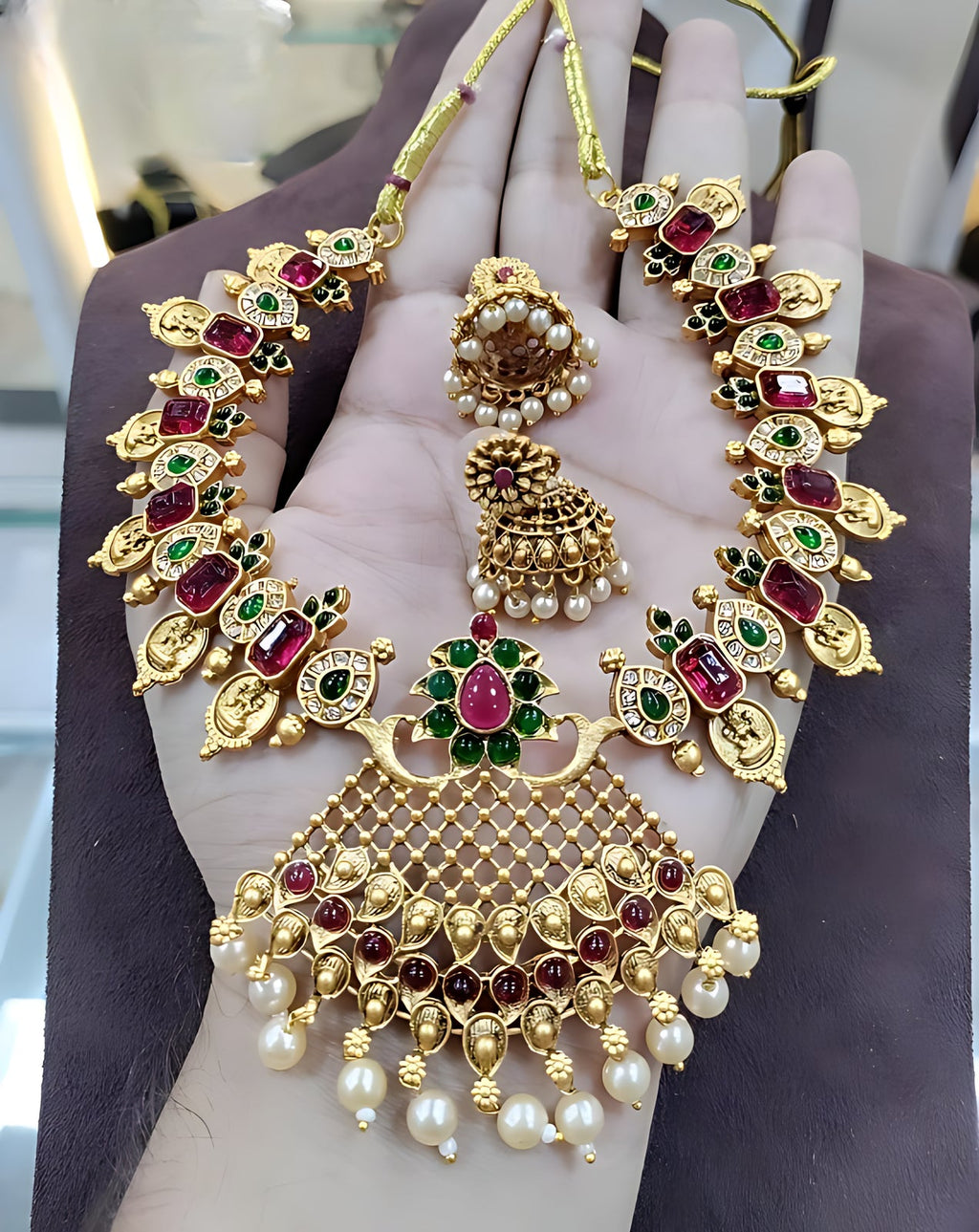 Jewel City Antique Gold Lakshmi Coin Choker Necklace Set with Ruby Red & Emerald Green Stones | Pearl Drop Temple Jewelry | Grocsy