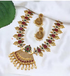 Jewel City Antique Gold Lakshmi Coin Choker Necklace Set with Ruby Red & Emerald Green Stones | Pearl Drop Temple Jewelry | Grocsy