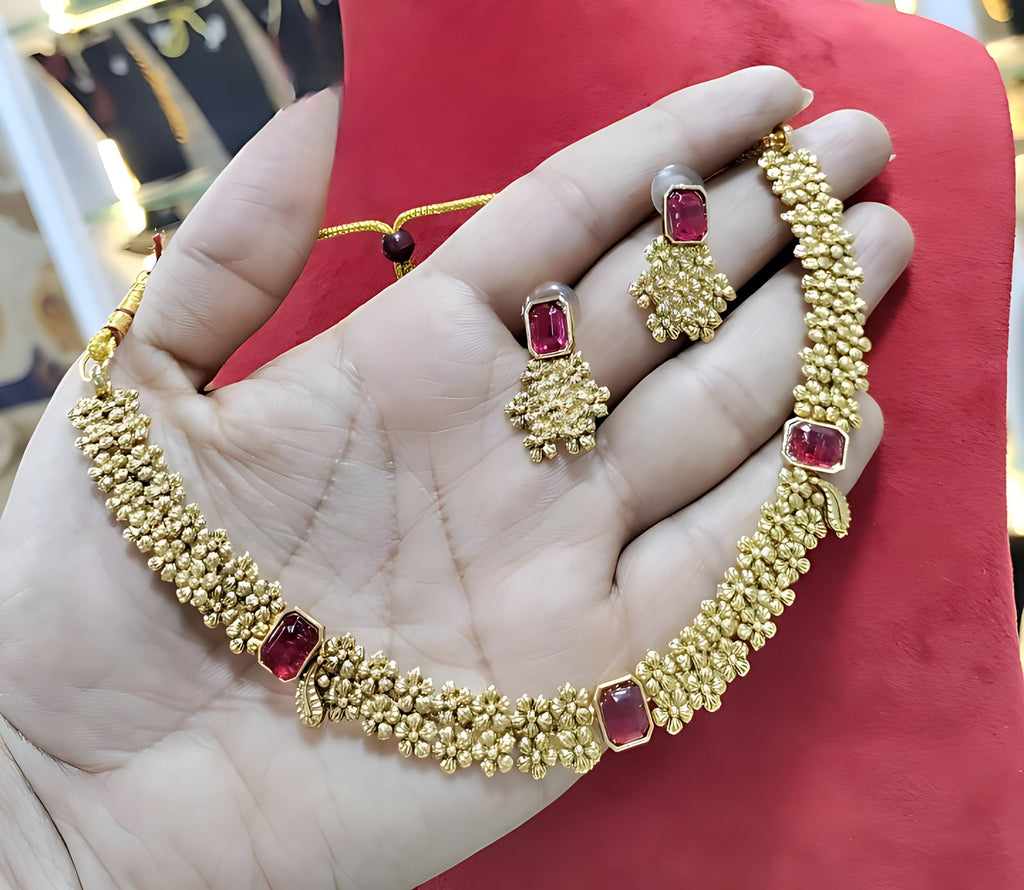 Jewel City Designer Gold Floral Necklace Set with Ruby Stones Elegant Matt Gold Finish Jewelry Set for Women | Grocsy