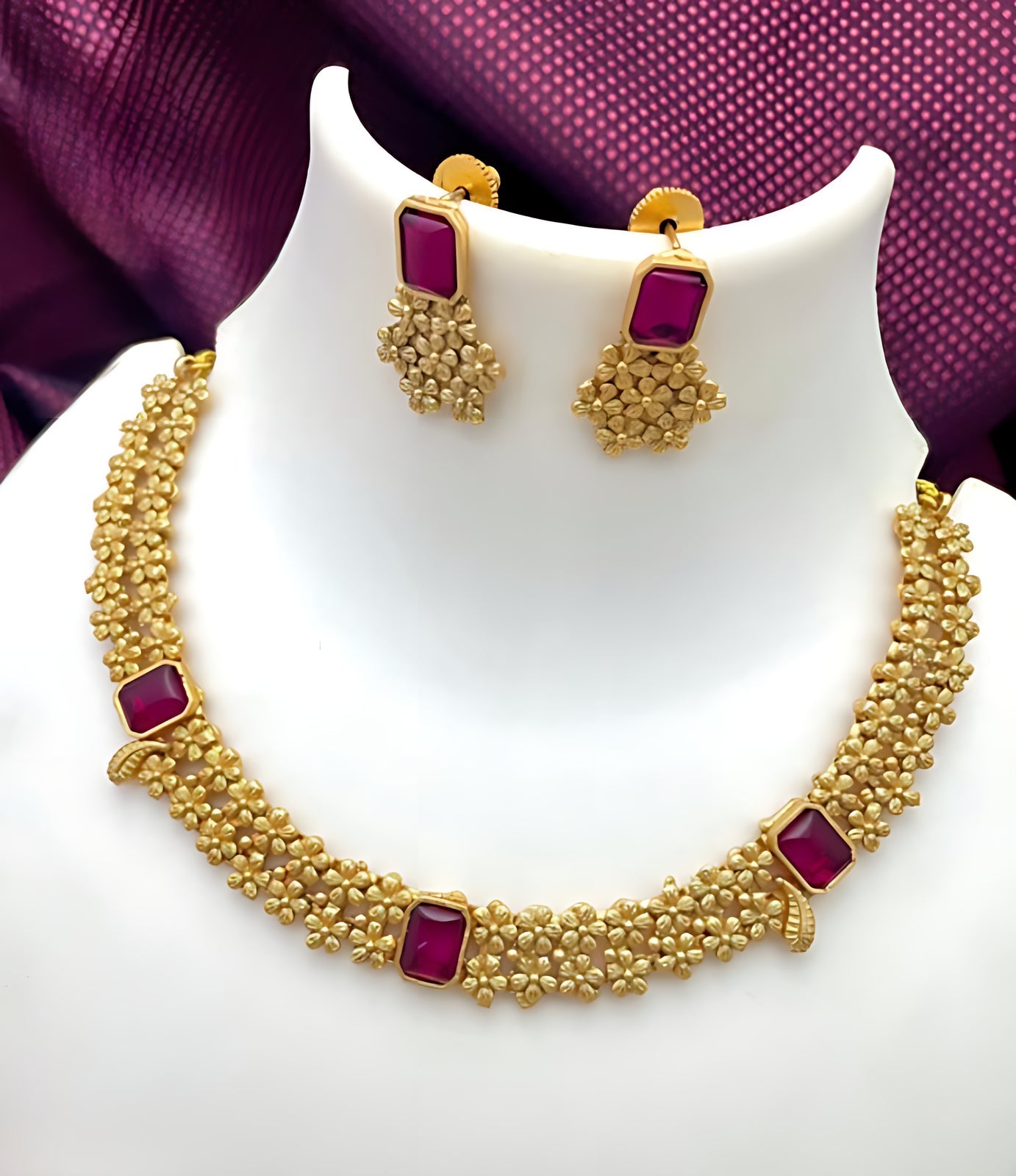 Jewel City Designer Gold Floral Necklace Set with Ruby Stones Elegant Matt Gold Finish Jewelry Set for Women | Grocsy