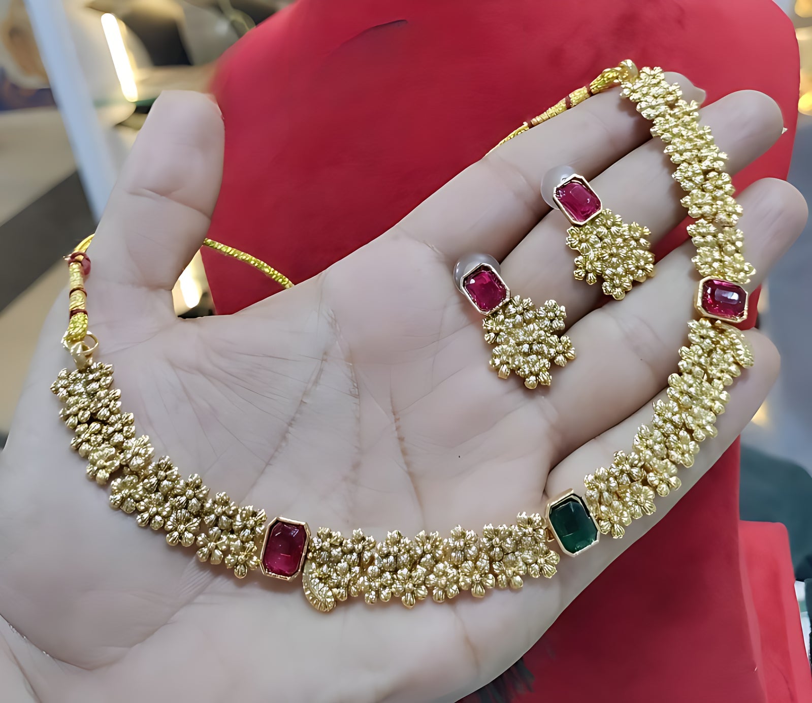 Jewel City Designer Gold Floral Necklace Set with Ruby Green Stones Elegant Matt Gold Finish Jewelry Set for Women | Grocsy