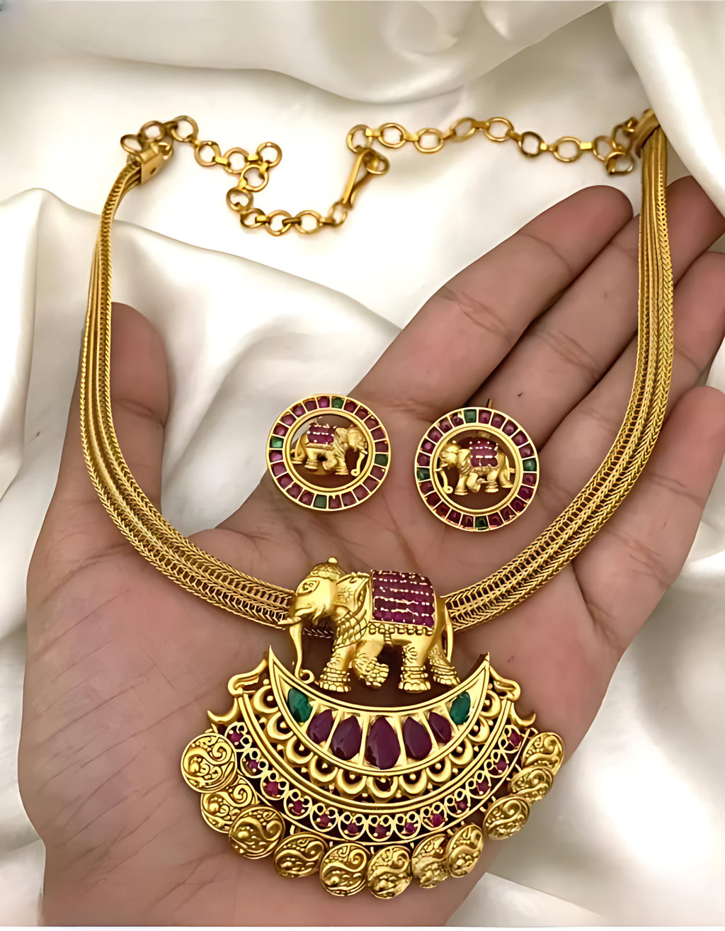 Jewel City Antique Gold Elephant Pendant Necklace Set with Ruby & Green Stones | Traditional South Indian Temple Jewelry | Grocsy