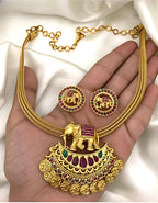 Jewel City Antique Gold Elephant Pendant Necklace Set with Ruby & Green Stones | Traditional South Indian Temple Jewelry | Grocsy