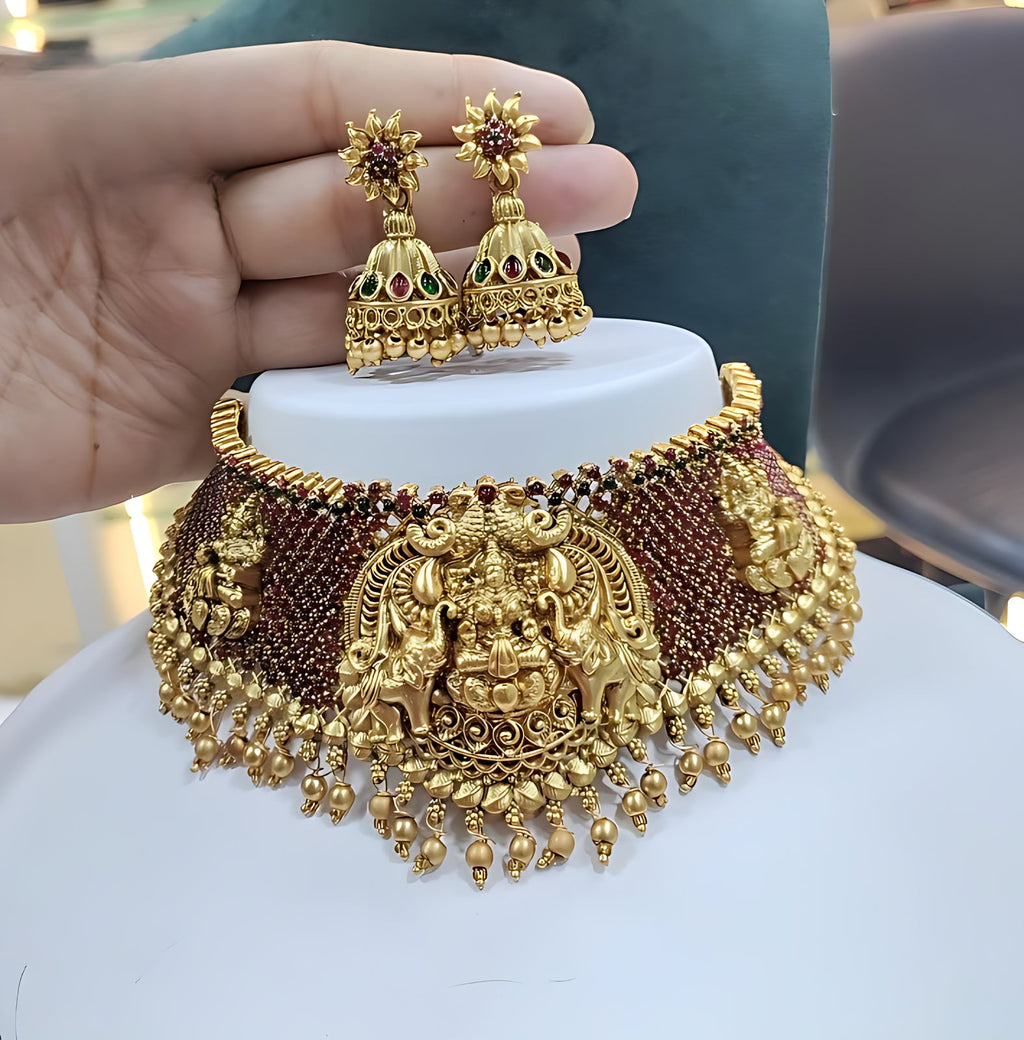 Jewel City Antique Gold Temple Lakshmi Choker Set with Ruby & Emerald Stones | Traditional Bridal Kemp Jewelry Set | Grocsy