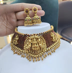 Jewel City Antique Gold Temple Lakshmi Choker Set with Ruby & Emerald Stones | Traditional Bridal Kemp Jewelry Set | Grocsy