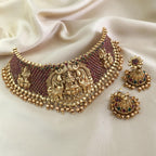 Jewel City Antique Gold Temple Lakshmi Choker Set with Ruby & Emerald Stones | Traditional Bridal Kemp Jewelry Set | Grocsy