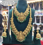 Jewel City Premium Gold Plated Double Layer Lakshmi Temple Necklace Set with Emerald Green Beads | Traditional Wedding Jewelry | Grocsy