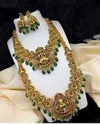 Jewel City Premium Gold Plated Double Layer Lakshmi Temple Necklace Set with Emerald Green Beads | Traditional Wedding Jewelry | Grocsy