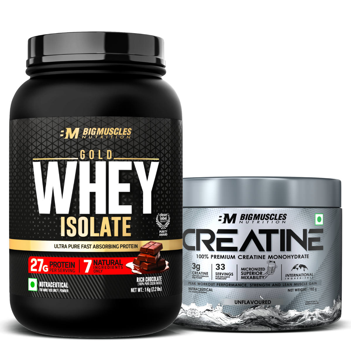 Big Muscles Nutrition Gold Whey Isolate & Creatine Combo | Grocsy