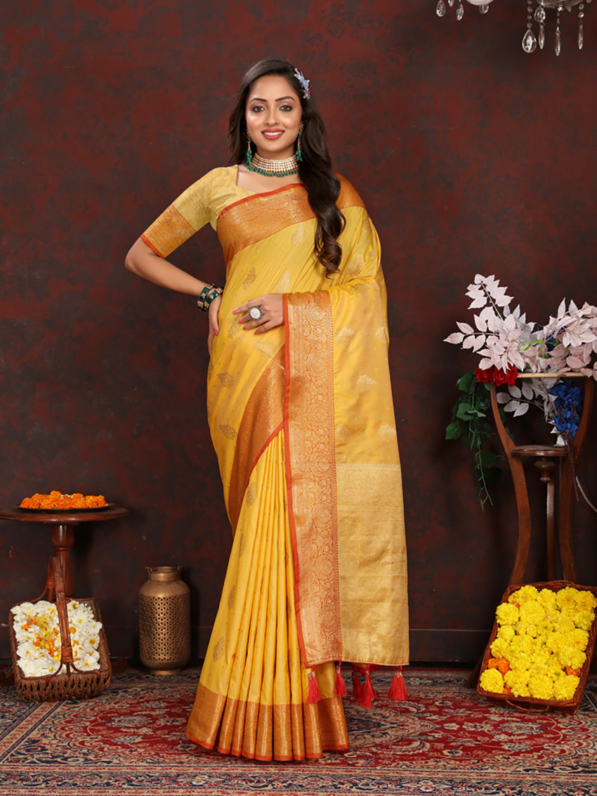 Lorenvalley Fashion Gold Soft Katan Silk Woven Design Zari Weaving Pallu Saree | Grocsy