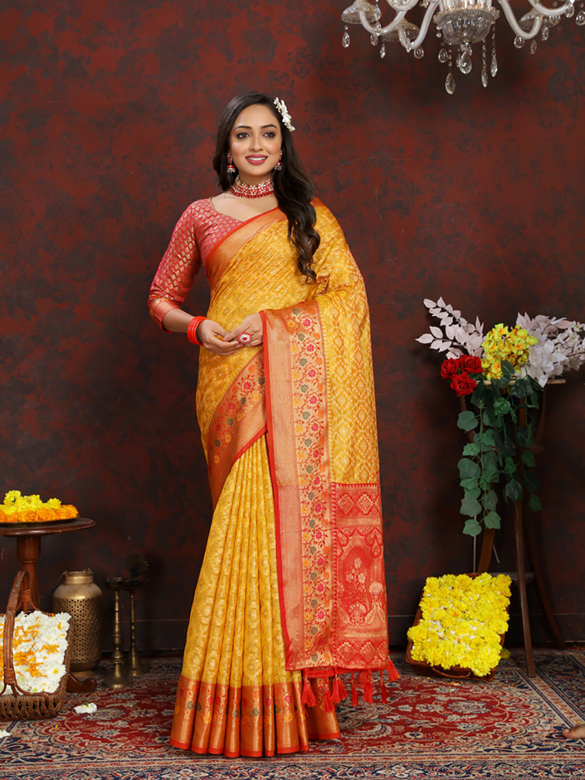 Lorenvalley Fashion Gold Organza Silk Woven Design with Rich Meenakari Weaving Pallu Saree | Grocsy