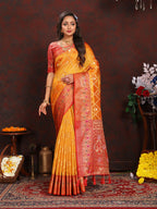 Lorenvalley Fashion Gold Organza Silk Woven Design with Rich Meenakari Weaving Pallu Saree | Grocsy