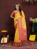 Lorenvalley Fashion Gold Organza Silk Woven Design with Rich Meenakari Weaving Pallu Saree | Grocsy