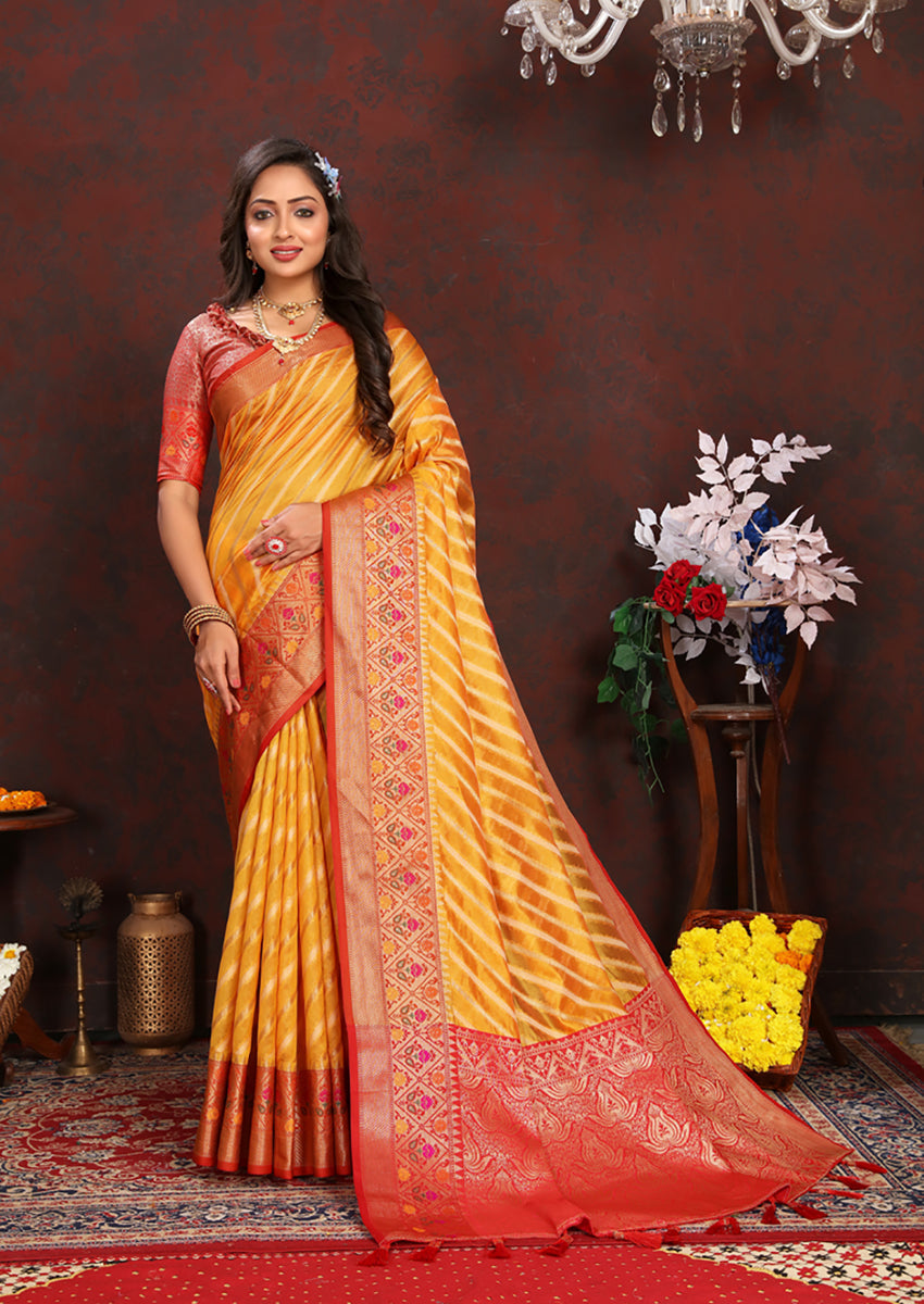 Lorenvalley Fashion Gold Organza Silk Woven Design with Rich Meenakari Weaving Pallu Saree | Grocsy