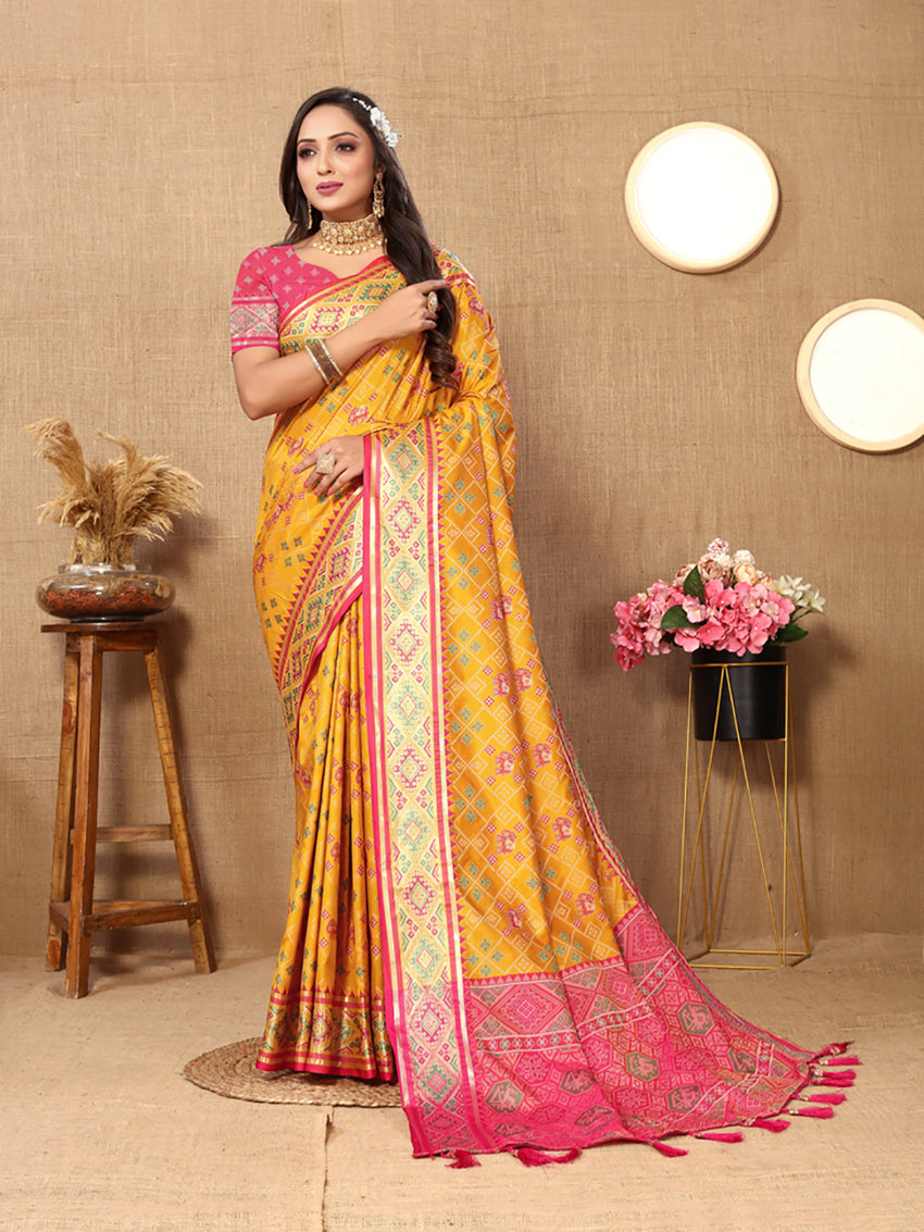 Lorenvalley Fashion Gold Patola Silk Woven Design with Zari Meenakari Weaving motifs Pallu Saree | Grocsy